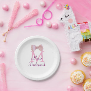 pink bow monogram bridesmaid modern girly rustic l paper plates