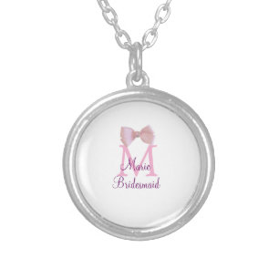 pink bow monogram bridesmaid modern girly rustic l silver plated necklace