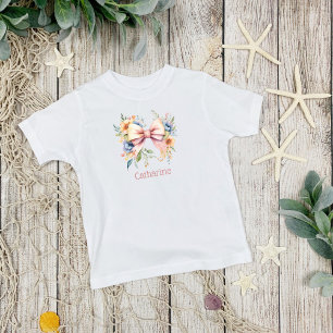 Pink Bow Monogram Coquette Watercolor Flowers Baby T-Shirt