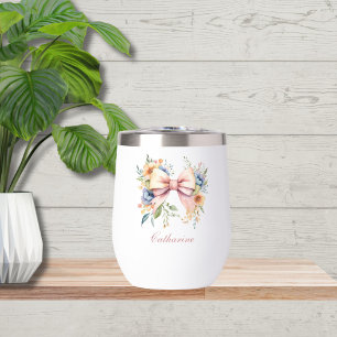 Pink Bow Monogram Coquette Watercolor Flowers Thermal Wine Tumbler