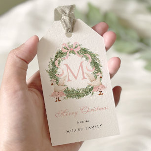 Pink Bow Monogram Crest Christmas Gift Tags