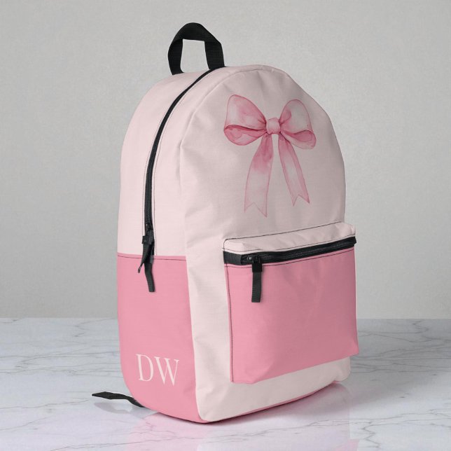 Pink Bow Monogram Cute Girly Personalized Girls Printed Backpack (Pink Bow Monogram Cute Girly Personalized Girls Printed Backpack)