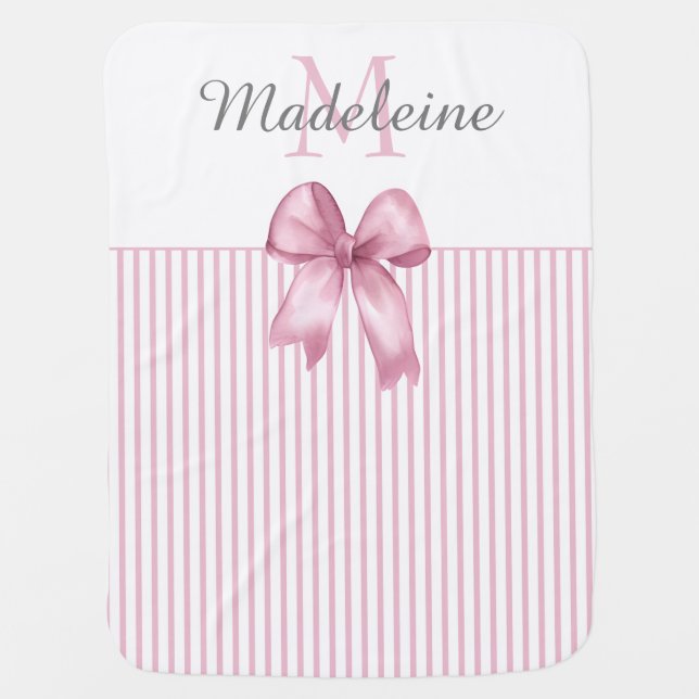 Pink Bow Monogram Girl Baby Blanket (Front)