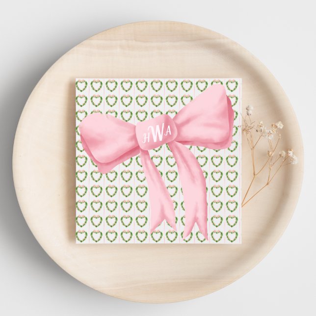 Pink Bow Monogram Heart Wreath Napkin (Creator Uploaded)