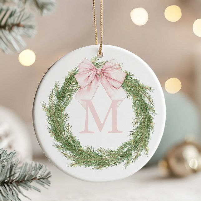 Pink Bow Monogram Wreath Christmas Ceramic Ornament (Creator Uploaded)