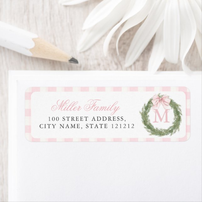 Pink Bow Monogram Wreath Christmas Label (Insitu)