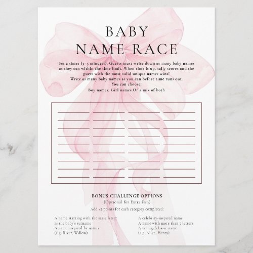 Pink Bow Name Race Game Card Baby Shower