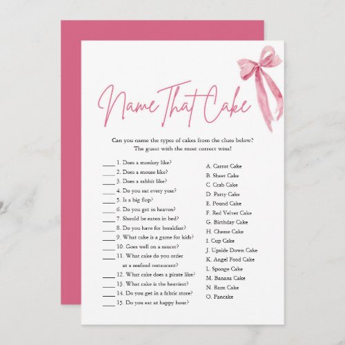 Pink Bow Name That Cake Bridal Shower Game Invitation