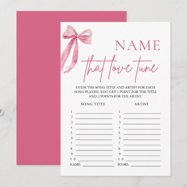 Pink Bow Name That Love Tune Bridal Shower Game Invitation (Front/Back)