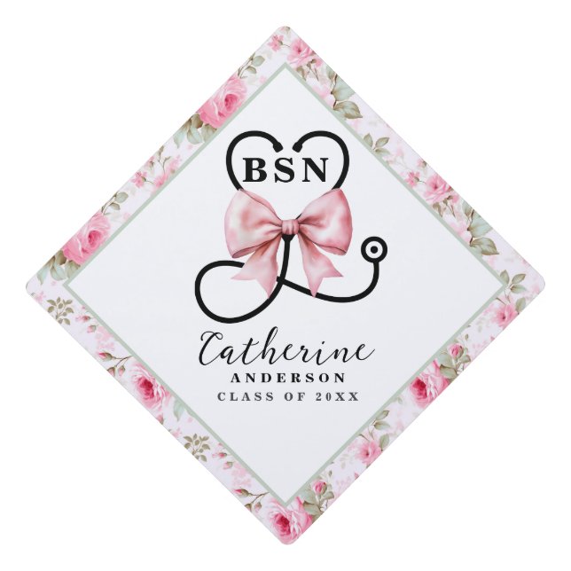 Pink Bow Nurse BSN Graduation Cap Topper (Front)
