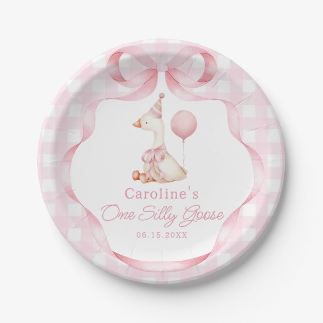 Pink Bow One Silly Goose 1st Birthday Paper Plate (Front)