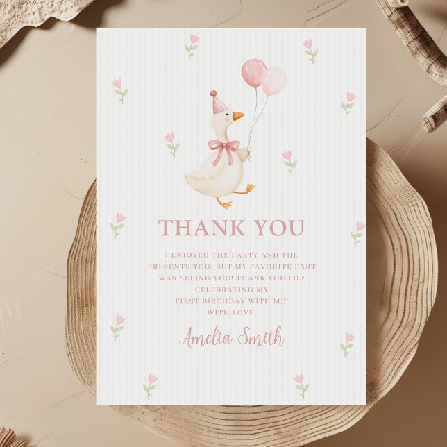 Pink Bow One Silly Goose Balloons Thank You Card (Creator Uploaded)
