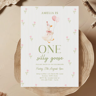 Pink Bow One Silly Goose Floral 1st Birthday Invitation