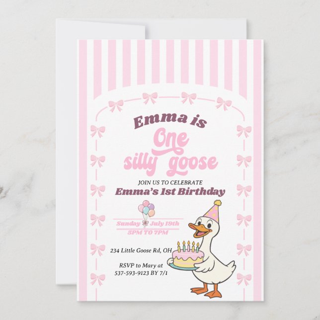 Pink Bow One Silly Goose Girl 1st Birthday Party  Invitation (Front)