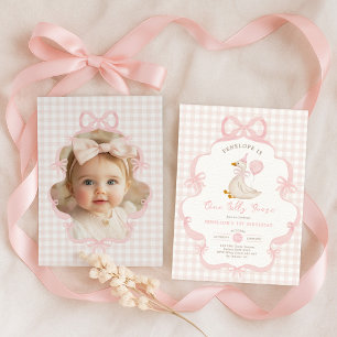 Pink Bow One Silly Goose Girl Birthday Photo Invitation