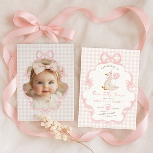 Pink Bow One Silly Goose Girl Birthday Photo Invitation