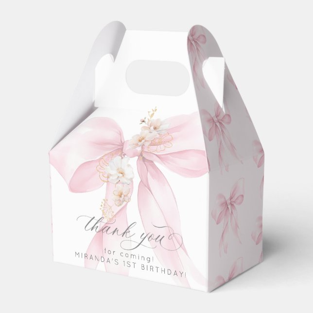 Pink Bow Onederful 1st Birthday Thank you Favor Boxes (Front Side)