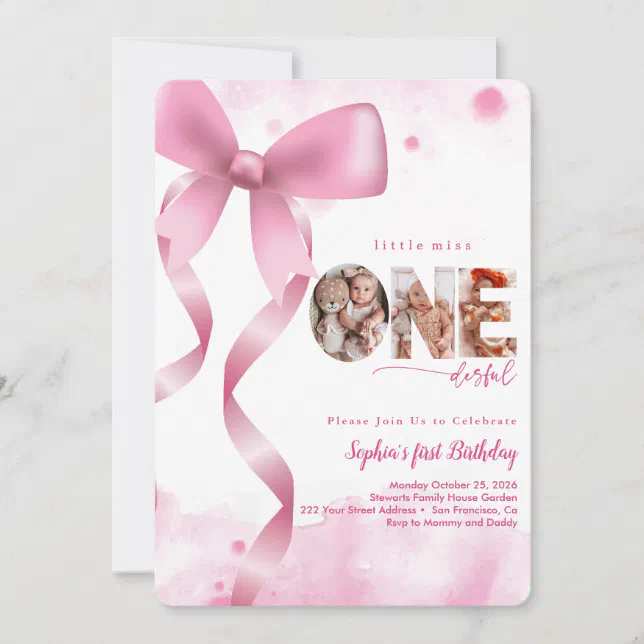 Pink Bow Onederful Baby Girl Photo 1st Birthday Invitation | Zazzle
