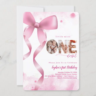 Pink Bow Onederful Baby Girl Photo 1st Birthday Invitation