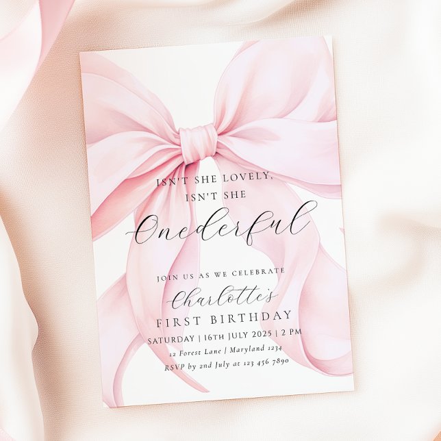 Pink Bow Onederful First Birthday Invitation (Creator Uploaded)