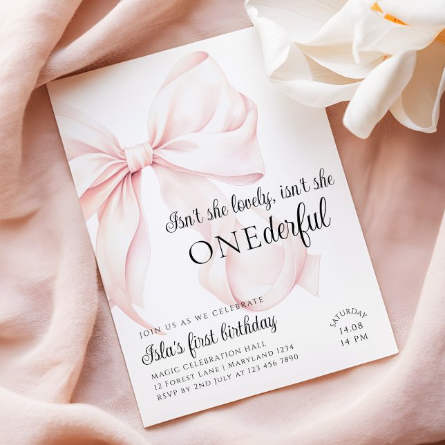 Pink Bow Onederful First Birthday Invitation (Creator Uploaded)