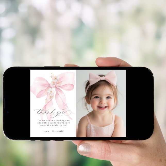 Pink Bow Onederful Floral Photo Birthday Thank you Invitation (Front Digital)
