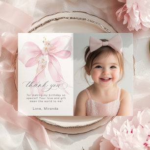 Pink Bow Onederful Floral Photo Birthday Thank you Invitation