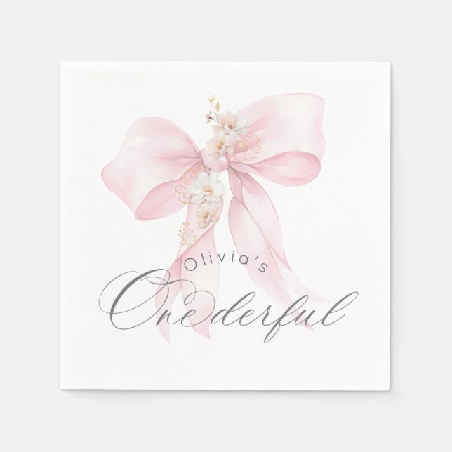 Pink Bow Onederful girl 1st Birthday Napkins (Front)