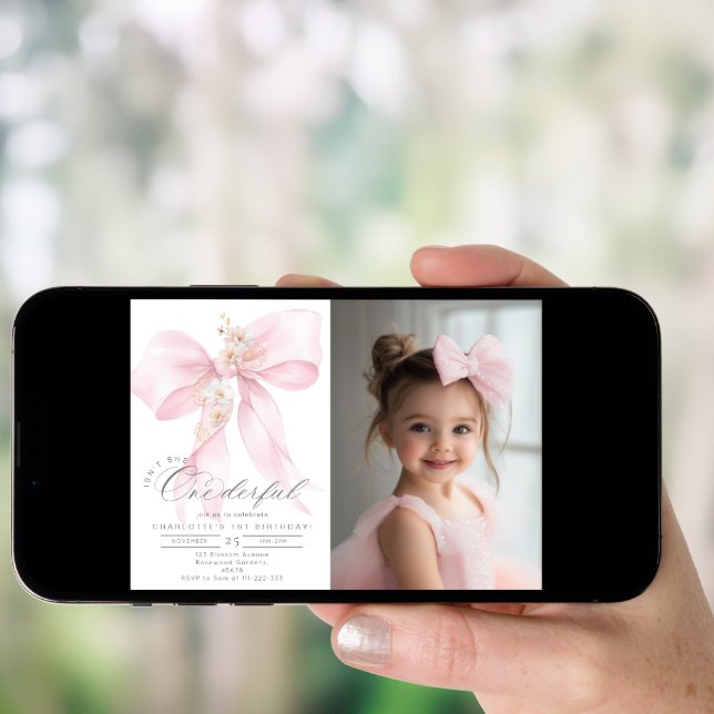 Pink Bow Onederful girl 1st Birthday Photo Invitation (Front Digital)