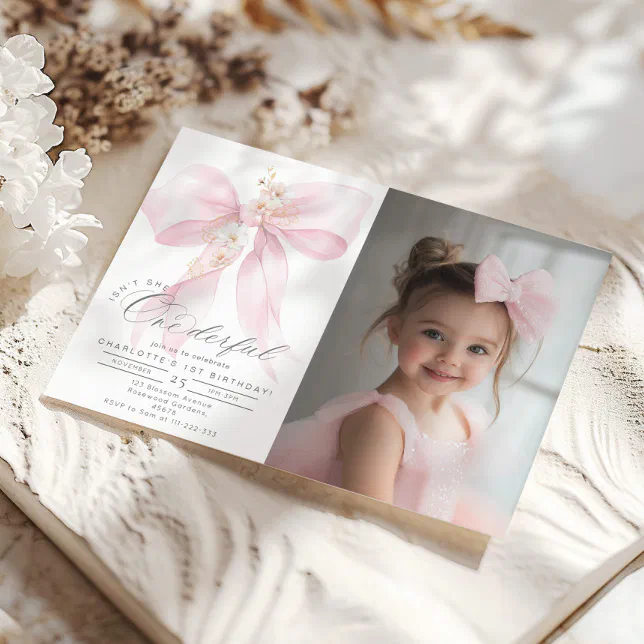 Pink Bow Onederful girl 1st Birthday Photo Invitation | Zazzle