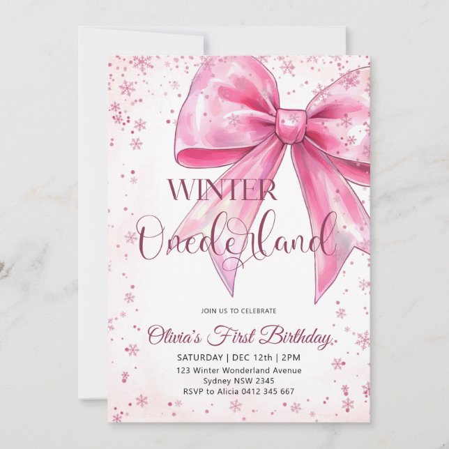 Pink Bow Onederland Christmas Birthday Party Invitation (Front)