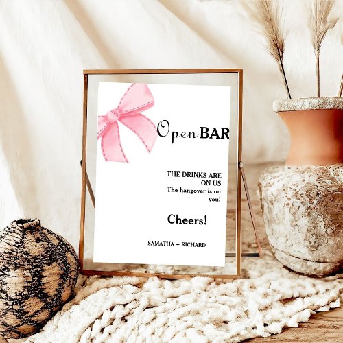 Pink Bow Open Bar Wedding Drinks Bar Sign