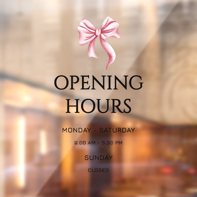 Pink Bow Opening Hours Small Business Window Cling (Sheet 2)