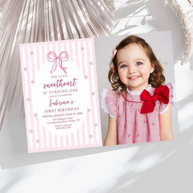 Pink Bow Our Little Sweetheart Birthday Photo Invitation (Creator Uploaded)