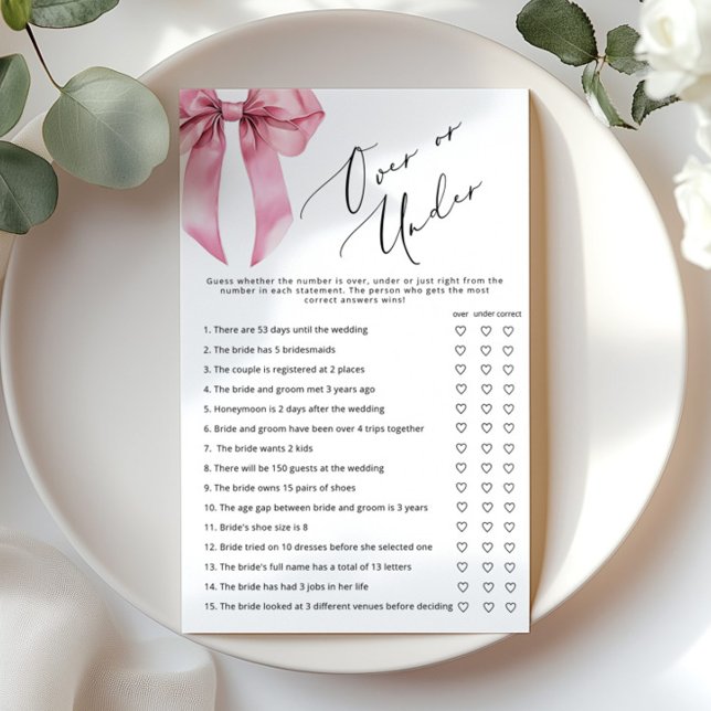 Pink Bow over or under bridal shower game (Creator Uploaded)