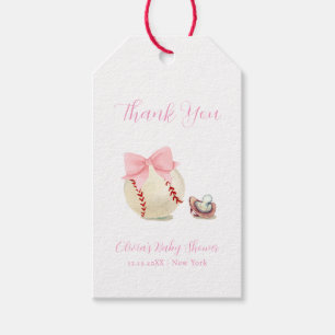 Pink Bow Pacifier Baseball Sport Girl Baby Shower Gift Tags