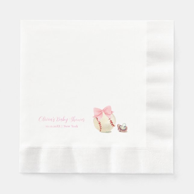 Pink Bow Pacifier Baseball Sport Girl Baby Shower Napkins (Front)