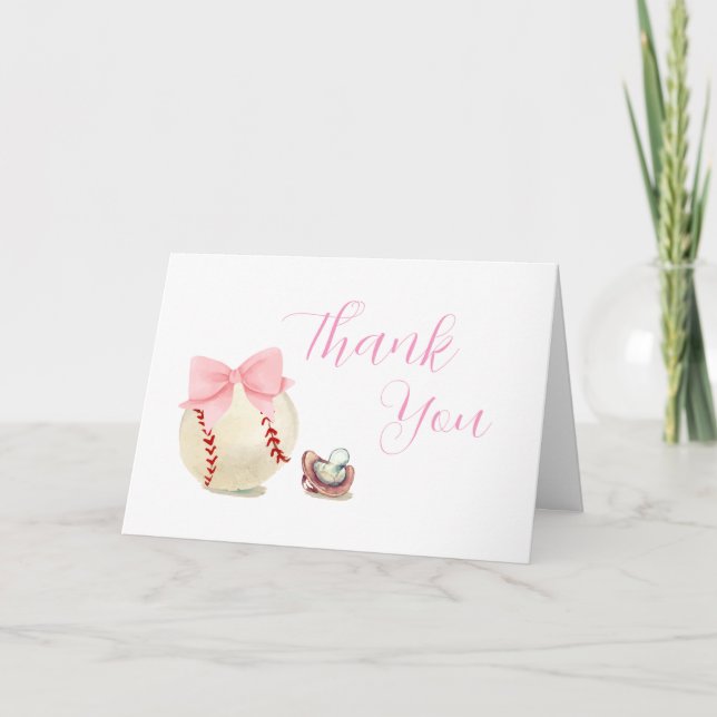 Pink Bow Pacifier Baseball Sport Girl Baby Shower Thank You Card (Front)
