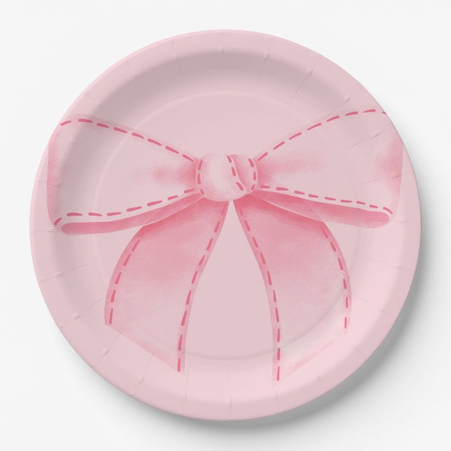 Pink Bow Paper Plate With Plain Pink Backround (Front)