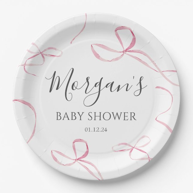 Pink bow Paper Plates, bow theme decorations Plates (Front)