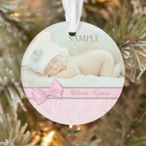 Pink Bow Pastel Baby 1st Christmas Photo Template Ornament