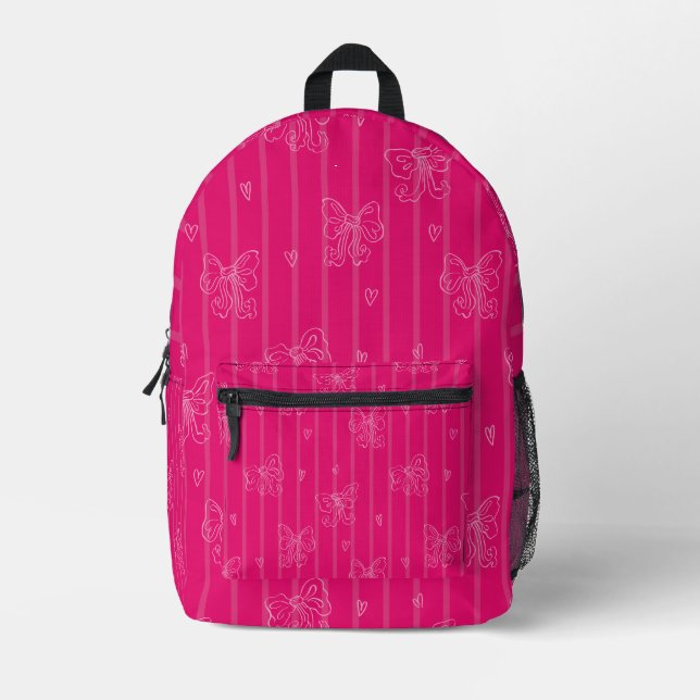 Pink Bow Pattern – Cute Girly Ribbon & Heart Desig Printed Backpack (Front)