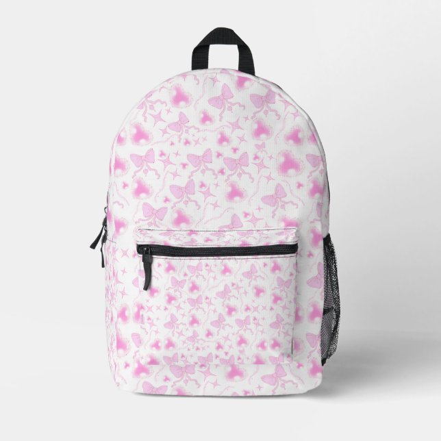 Pink Bow Pattern Kawaii Hearts and Ribbons  Printed Backpack (Front)