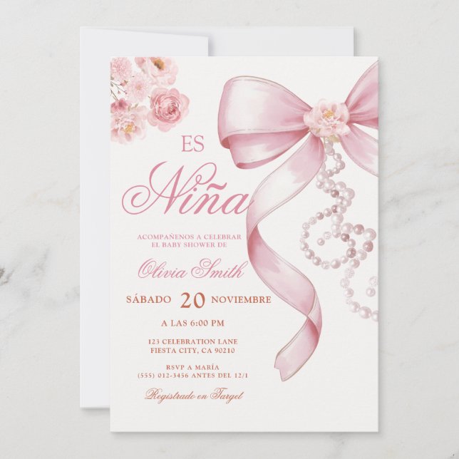 Pink Bow Pearl Floral Es Nina Spanish Baby Shower  Invitation (Front)