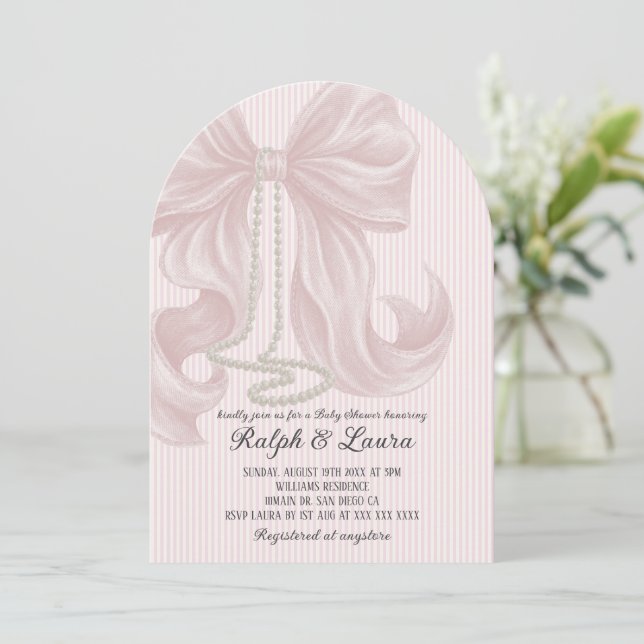 Pink Bow Pearl Girl Baby Shower Invitation (Standing Front)