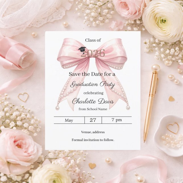 Pink bow pearl Graduation party Save the Date card (Creator Uploaded)