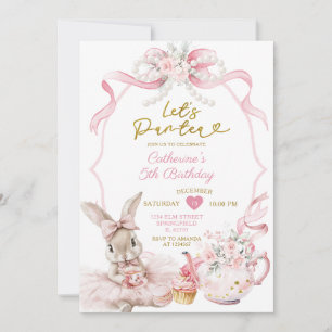 Pink Bow Pearl Let's Par-tea Bunny Girl Birthday Invitation