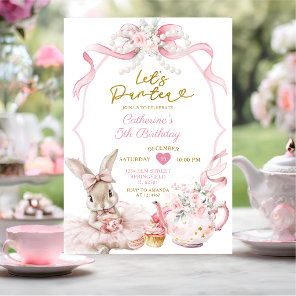 Pink Bow Pearl Let's Par-tea Bunny Girl Birthday Invitation