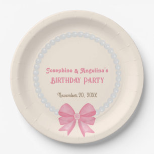 Pink Bow Pearl Photo Girl Joint Birthday Welcome Paper Plates