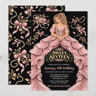 Pink Bow Pearl Sweet Sixteen Birthday Invitation